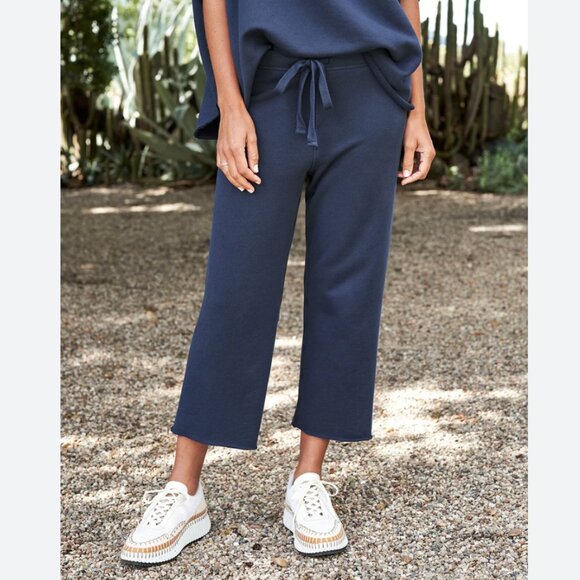 Frank & Eileen CATHERINE Triple Fleece Wide Leg Crop Sweatpants Size: L Navy - Picture 12 of 16
